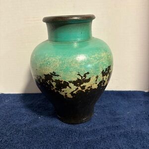 Vintage 10” Teal Black Abstract Terracotta Vase Art Pottery Decor - Unmarked